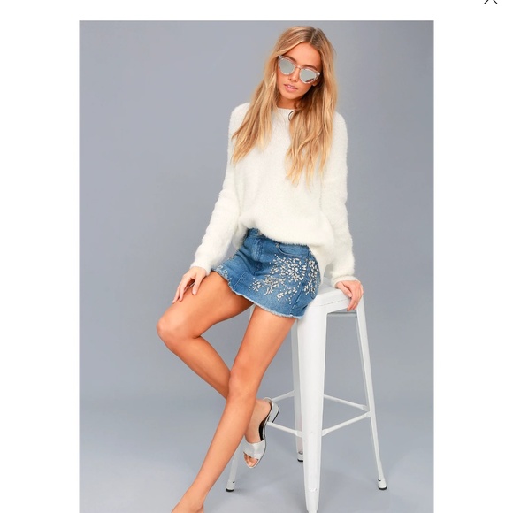 FP Shine Bright Shine Far Medium Wash Denim Rhinestone Mini Skirt sz 4 NWT - Picture 6 of 9